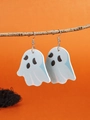Ghost leather earrings on a tree branch with vibrant orange Halloween background - WS09-6 (White Leather Ghost)