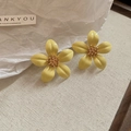 Close-up of elegant yellow five-petal flower stud earrings on white textured fabric - 21# Silver Earring Post - Yellow - Five-petal Flower Studs