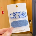 Cute set of two blue floral and denim texture fabric hair clips for girls - Fabric Wrapped Clip (3294) / 2 Pcs/Set / Blue