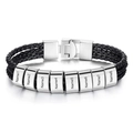Men's double-layered black braided leather bracelet with 8 custom engraved silver beads - Steel Clasp (3-Layer) - 8 Names