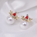 Christmas snowman stud earrings with white pearl, golden antlers and red hat detail - Pearl Snowman