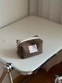 Detailed view of vintage plaid tweed pouch with red and green grid texture and zipper - Red and Brown Small Plaid