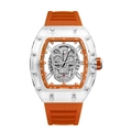 Transparent tonneau watch with orange rubber strap and crystal skull dial for men - Transparent Case Orange Strap