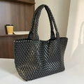 Black woven faux leather tote bag with large capacity and matching inner pouch - Black