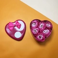Pink heart-shaped metal gift box with six soap roses and a Sweet Love ribbon - 6 Pieces / Rose Red Mix