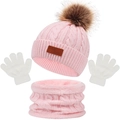 Pink knit hat with faux fur pom pom, matching scarf and white gloves set for kids - One Size / Light Pink Set with White Gloves