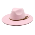 Detail of pink wool fedora hat featuring a brown braided leather band and side tassel - M (56-58cm) / Pink