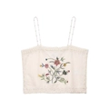 Flat lay of cream knit crop top with colorful floral embroidery and lace trim details - XS / Tops
