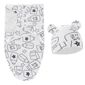 Detail of white cotton newborn swaddle and hat set with black milk carton patterns - White Milk Bottle Swaddle + Hat Set