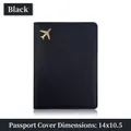 Minimalist black PU leather passport cover with gold airplane emboss, 14x10.5cm size - Black