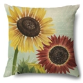 Linen sunflower pillow cover featuring golden and reddish-brown hand-painted floral print - 45x45cm Pillow Cover / Double Sunflower Vintage-2 (21Y367-2)