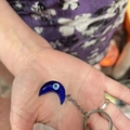 Ethnic Evil Eye crescent moon keychain pendant with dark blue resin and silver metal ring - Moon