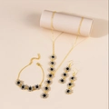 Elegant gold flower jewelry set with black rhinestones including necklace and earrings - Black Gold Daisy Flower Jewelry Set