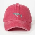 Vintage washed red baseball cap with whale embroidery and adjustable strap for women and men - Watermelon red