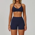 Dark blue backless yoga set featuring V-neck sports bra and high-waisted shorts - S / Bra Style 2 + Shorts / Cobalt Blue