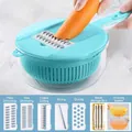 Sky blue multifunctional vegetable slicer set with 5 blades and drainage basket - 12pcs Set / Premium Green