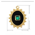 Detail view of green crystal pendant with gold frame and enamel, size 29mm by 22mm - YE685-1-Black Enamel Green Stone Oval