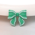 Detail of mint green bow charm with white pearl border for DIY jewelry making - Dark Green