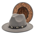 Detail of dark grey fedora with leopard print brim and metallic buckle hatband - M (56-58cm) / Light Gray