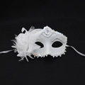 Elegant white Masquerade mask with side fabric flower and sequin details for party - White
