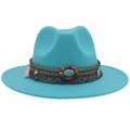 Detail of turquoise felt cowboy hat with bohemian beaded band and gemstone accent - Lake Blue (Ethnic Decorative Band)