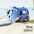 Close-up of a 500ml blue bear bus kids water bottle with strap on a beach background - PC Material / Blue Bus (500ml)