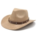 Detailed side view of khaki faux suede cowboy hat with studded leather trim - Camel