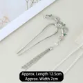 U-shaped hair fork with silver dragon motif, green leaves and hanging pearl tassel - Silver U-shaped Bamboo Snake Tassel Hair Stick