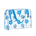 Transparent PVC makeup bag with blue floral print, matching blue zipper and handle strap - Blue