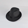 Men's summer black straw fedora hat with matching ribbon and rolled brim sun protection - Black