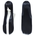 Detailed front and back views of 80cm long straight black cosplay wig on model mannequin - Black and Blue