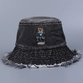 Vintage Fischerhut aus verwaschenem Denim in Dunkelgrau mit Bärenstickerei und Fransen - M (56-58cm) / Schwarz