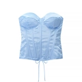 Close-up of light blue satin corset top with structured boning and hem lace-up detail - S / Sky Blue
