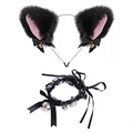 Détail de serre-tête oreilles de chat en peluche avec collier ras du cou à clochette - Ensemble Choker Dentelle Noir Grosse Cloche / Noir/Intérieur Rose