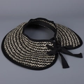 Japanese style wide brim straw sun visor with black pattern and decorative ribbon bow - M(56-58cm) / Solid Black