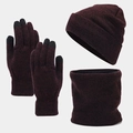 Detailed view of winter knit set including hat, scarf, and touchscreen gloves in wine red - Burgundy