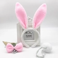 Three-piece plush white rabbit ear headband set with pink bow tie and fluffy ball tail - White & Pink Plush