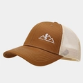 Close-up of mountain peak embroidery on a brown and beige mesh trucker hat - Adjustable / Camel