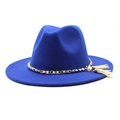 Detailed shot of royal blue felt jazz hat featuring gold chain with pearls and white tassels - M (56-58cm) / Sapphire Blue