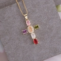 Macro detail of 18K gold cross pendant with colorful oval zircons on grey stone - Pink Purple Yellow Green Red Transparent Oval Stone Cross (7#)