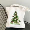 White canvas tote bag featuring Christmas dentistree tooth graphic print and top handles - C12 Oh Dentistree