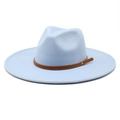 Light blue wide brim wool fedora hat with brown leather band and silver rivet detail - M (56-58cm) / Sky Blue