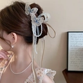 Vintage hair clip featuring blue embroidered butterflies with pearl tassels and long ribbons - Butterfly Pearl Ribbon Tassel Hair Claw