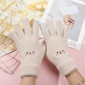 Detail of knitted touch screen gloves with cute bear embroidery and conductive fingertips - Smiley Face Beige