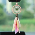 Pink dreamcatcher car mirror hanging with bronze deer head and colorful feathers - Safe Journey Deer - Pastel Pink