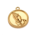 Polished gold circular pendant with embossed praying hands and top bail for DIY jewelry - Gold