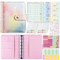Vue à plat du kit de budget binder A7 en cuir PU avec motif puzzle laser et pochettes zippées - Ensemble Complet Classeur de Budget (Incl. Pochettes Zippées/Cartes/Autocollants) / Dégradé Rose Jaune Bleu