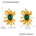 Stainless steel flower earrings with green zircon stones and size specifications - TXF244-Green Zircon Earrings