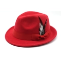 Détail d'un chapeau fedora rouge avec ruban en satin et décoration de plumes tachetées - M (56-58cm) / Rouge