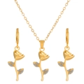 Golden rose jewelry set with necklace and stud earrings featuring white rhinestones - Gold Rose Flower Style (3606)